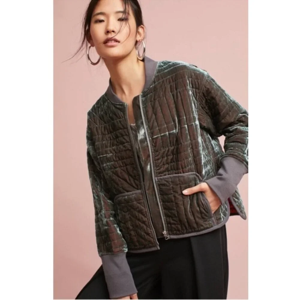 Anthropologie Hei Hei Velvet Relaxed Quilted Jacket Grey XS - Picture 10 of 10